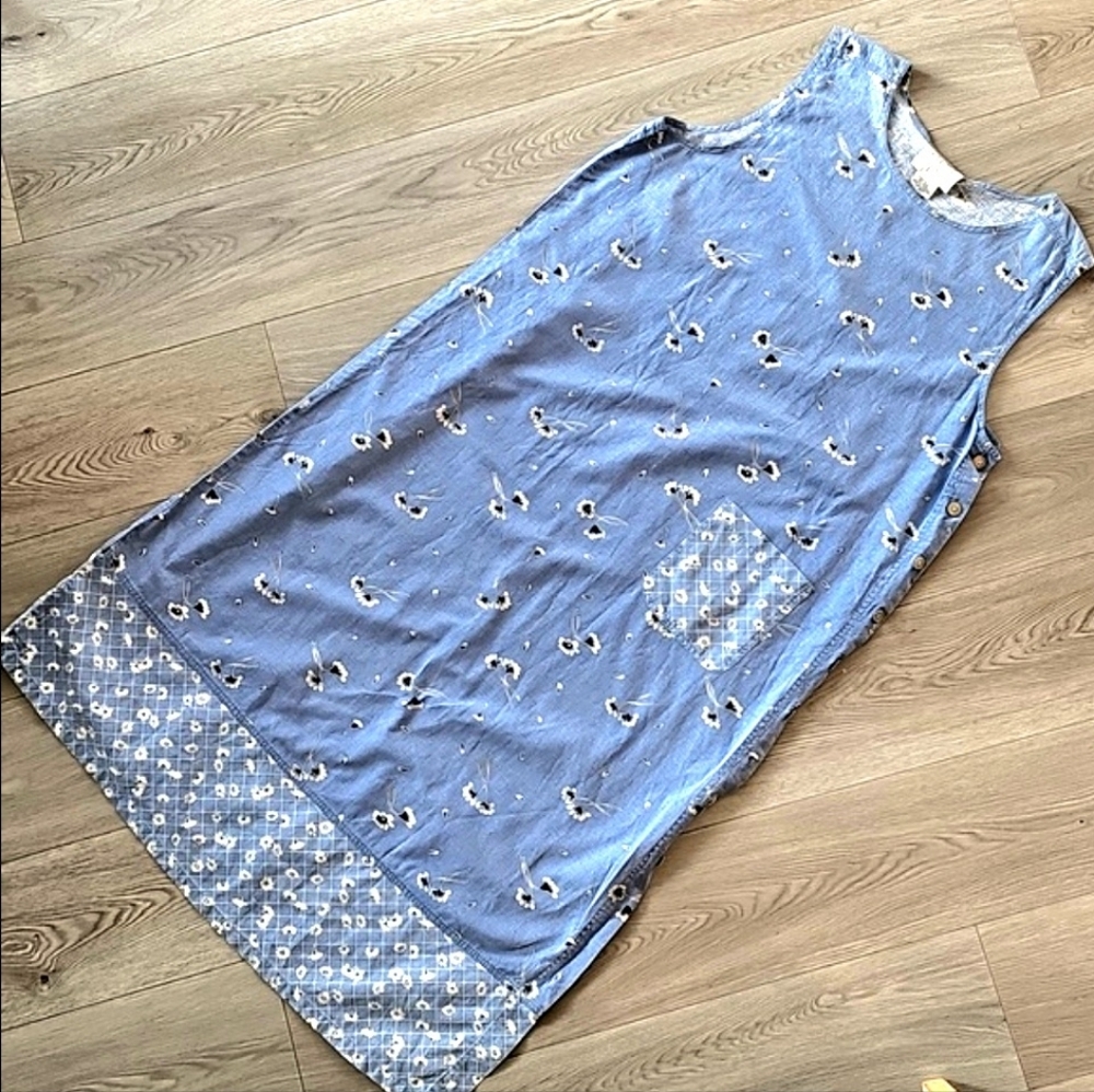 Vintage‎ 90s Linen Blend Sleeveless Blue Moo Moo Maxi House Dress, One Size